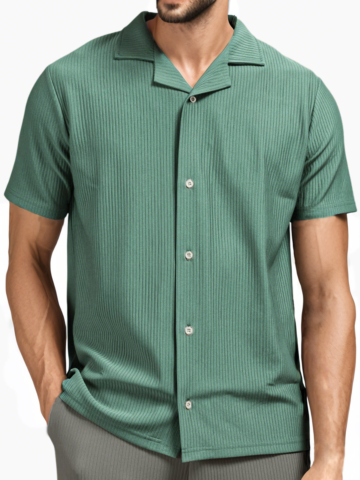 Men's Pit Stripe Pleated Cuban Collar Holiday Casual Button Short Sleeve Shirt