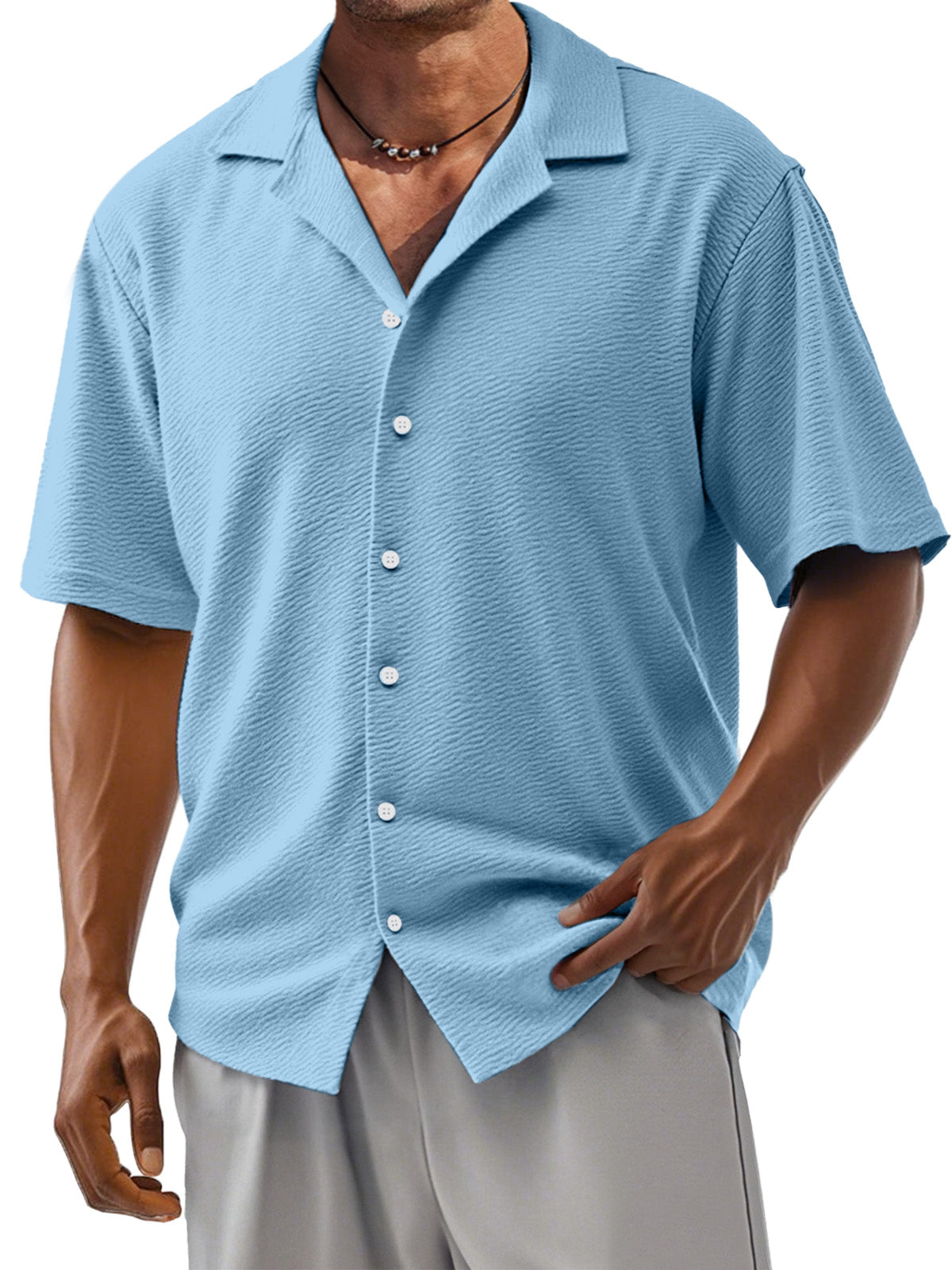 Men's Loose Solid Color Comfortable Texture Short-Sleeved Cuban Collar Shirt