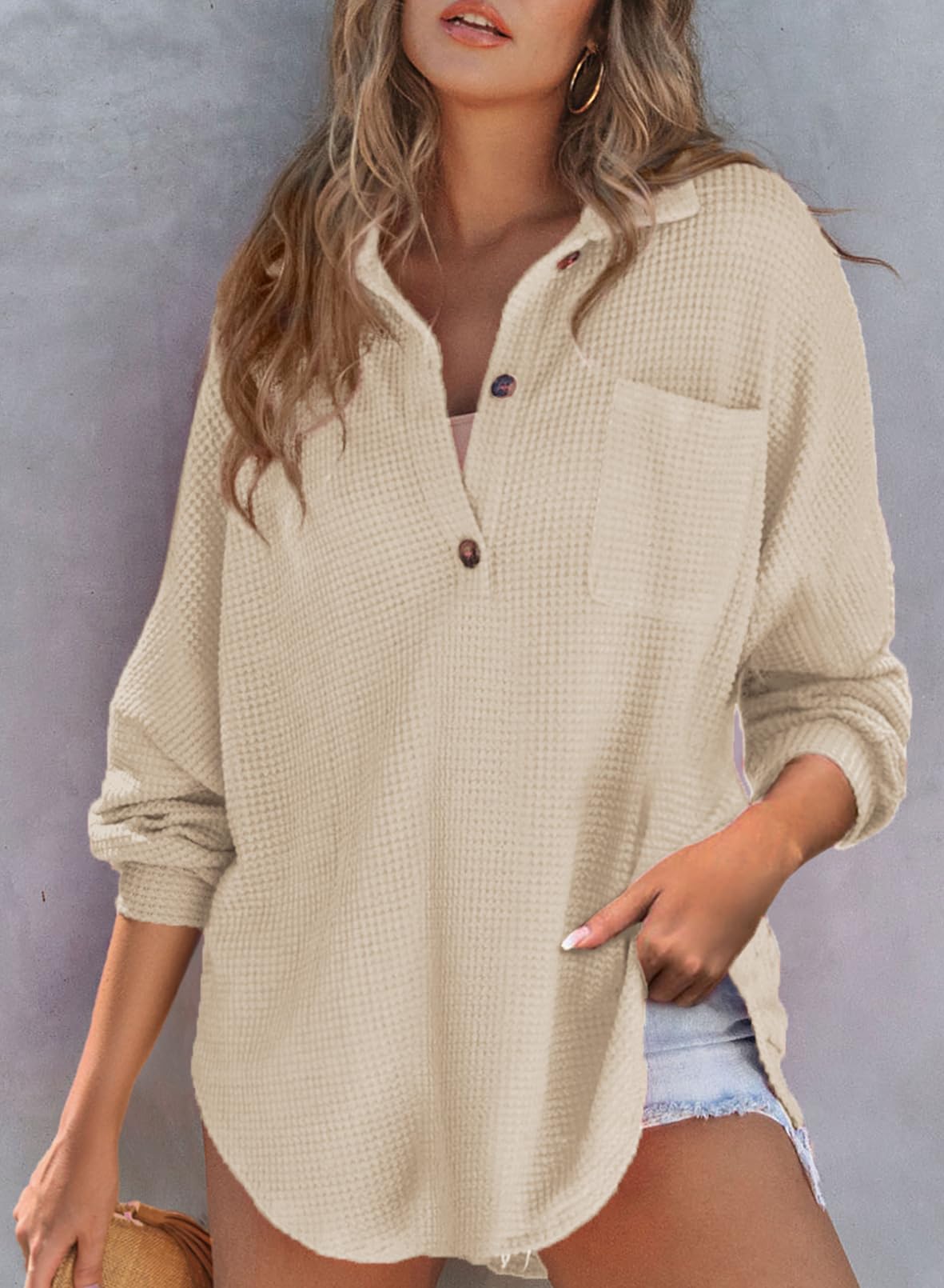 2025 New Women's Waffle Knit Henley V Neck Shirt Jacket (buy 2 free shipping)