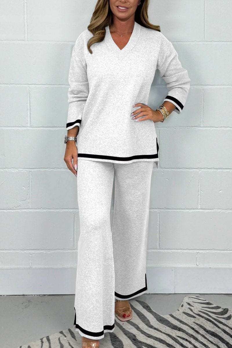 Women's V-Neck Soft Knit Border Edge Trouser Co-Ord Fashion Trends