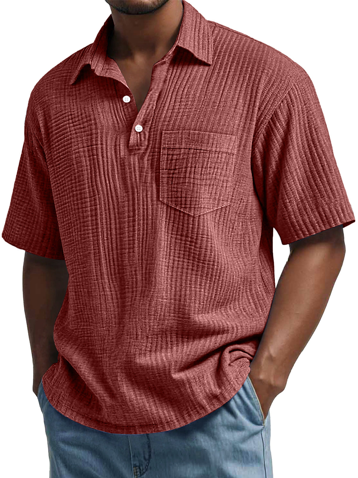 Men's Daily Pleated Casual Lapel Pocket Short Sleeve POLO Shirt