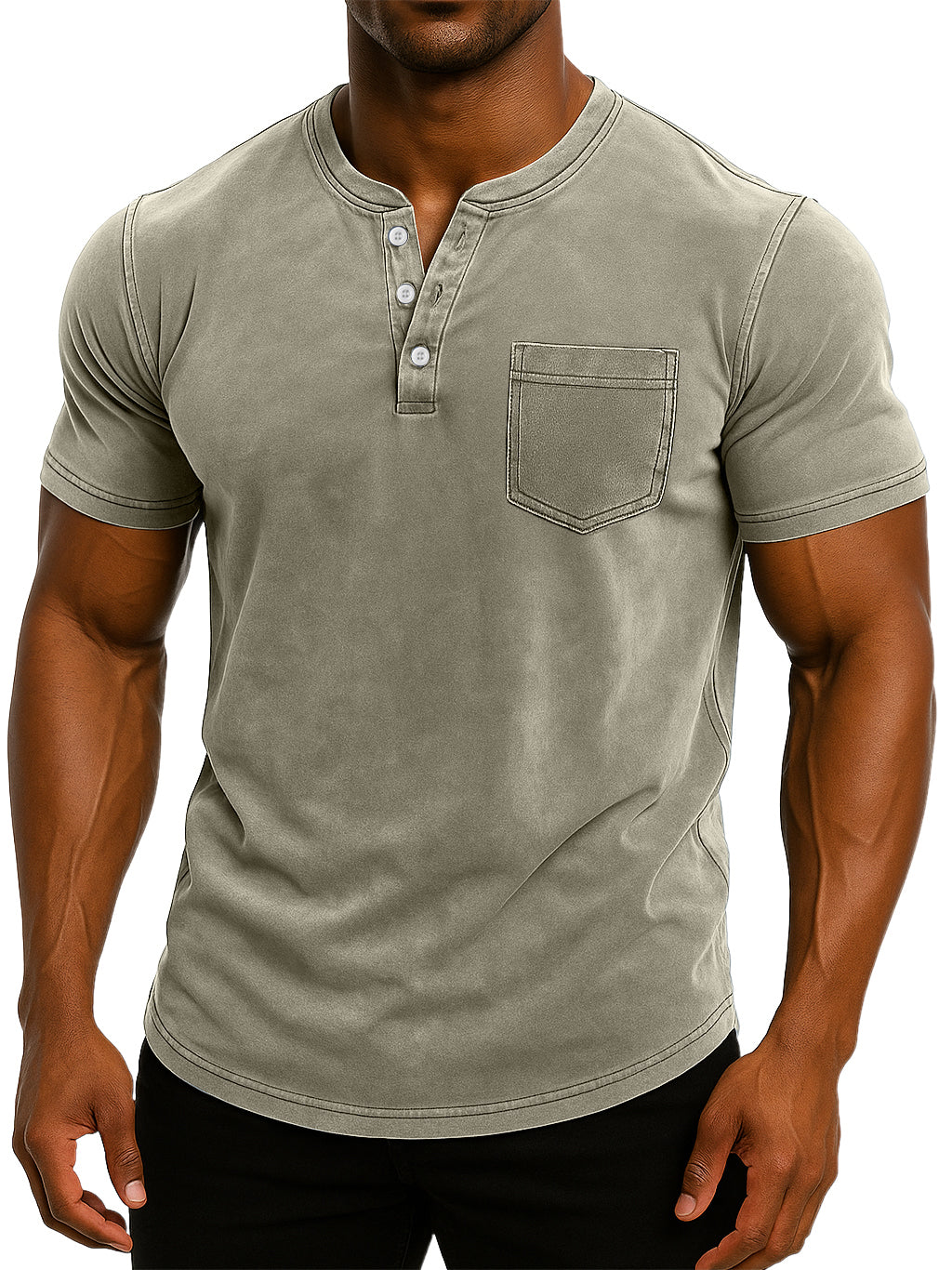 Men's Retro Stand Collar Casual Pocket Solid Color Slim Fit Short Sleeve Henley Shirt